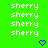 Green background with repeated white 'sherry' text in pixelated font, two blue pixelated hearts at bottom center and bottom right.