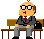 Pixelated cartoon character in gray suit and red tie sits on brown bench with black bag, head slightly turned left to right.