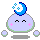 Pixelated character with light purple body, closed eyes, pink cheek marks, and blue crescent moon with yellow stars on head, surrounded by small floating orbs.