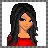 Pixel art buddy icon featuring a female character with long black hair and blue eyes on the left, next to a gray gradient background with "HEY" text on the right.