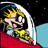 Pixelated cartoon character with blonde hair and blue headband riding a red vehicle against black background with white streaks.