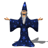 Animated wizard in blue star-patterned robe with raised arms in six sequential poses, white background.