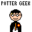 Pixel art contact sheet of five animated character icons with "POTTER GEEK" text repeating above and below, featuring cartoon figures in black uniforms with colored accents on a white background.