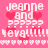 Pixelated pink background with repeated white text 'jeanne and' above five question marks, followed by 'keva!!!!!!!!', all overlaid on heart patterns.