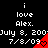 Pixelated text displays 'i love Alex.' with date and time, overlaid by red triangular icons containing heart symbols.