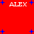 Red background with four white 'ALEX' text instances and scattered blue plus signs in pixelated style.