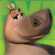 Pixelated cartoon animal head with brown and tan coloring, small antlers, and a green background, showing a smiling expression with closed eyes and a visible nose.