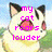 Pixelated cartoon cat with black-tipped ears and red cheeks, displaying text overlays in pink pixel font across four