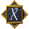 Four identical square icons with golden borders and dark gray backgrounds, each displaying a white stylized X symbol in the center.