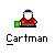 Four 50x50 pixel animated frames of a cartoon character icon with red jacket, blue hat, white face, and green box prop displayed in a 2x2 contact sheet layout on gray background.