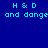 Blue background with cyan text repeating 'H & D and dange' in multiple , partially obscured by a gray rectangle on the right
