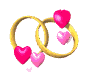 Animated sequence of interlocking golden rings with pink hearts and heart fragments against a gray background.
