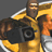 Animated contact sheet showing three sequential frames of a cartoon character in yellow armor firing a weapon with muzzle flash effects.