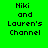 Green background with black pixelated text "Niki and Lauren's Channel" in four , each highlighting different words with pink rectangles