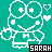 Pixelated teal and white character with large eyes, bow tie, and heart symbols on a solid background.