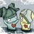 Two pixelated cartoon characters with large ears, one in green and one in yellow, each holding a red heart-shaped object against a light gray background.