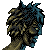 Pixel art of a crouching figure with spiky hair in blue and brown tones, viewed from the side against a plain gray background.