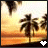 Animated tropical sunset scene with palm trees and a heart icon transitioning from white to black-and-white pixelated style across two frames.