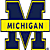 A 50x50 pixel animated contact sheet showing two frames of a Michigan-themed buddy icon with blue and yellow branding, featuring large blocky 'M' letters and text banners on the left, and a diagonal 'CoolBuddy.com' logo on the right against a teal background.