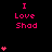 Pixelated pink text "I Love Shad" on black background with scattered heart symbols in various quantities.