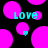 Pixelated cyan text 'Love' appears over bright pink circles on a black background, with some circles containing small heart shapes.