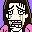 Pixel art contact sheet showing two animated frames of a cartoon character with exaggerated facial features and pink clothing against colored backgrounds.