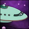 Light green spaceship with dark circular windows and a green cockpit section against a purple background with pink dots.