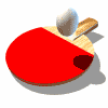Red and brown ping-pong paddle with white ball on top, arranged in a with one empty