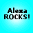 Four identical display "Alexa ROCKS!" text on a light blue gradient background with subtle white glow effects