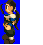 Pixel art character in multiple poses with blue and red backgrounds, wearing green pants, blue-and-white top, and brown boots.