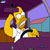 A pixelated yellow figure with white accents and black details stands against a purple background, holding a blue object.