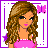 Pixel art of a girl in pink outfit with butterfly and star motifs, featuring a yellow chick and text "Pretty PINK in"