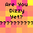 Pixelated text 'Are You Dizzy Yet?' repeated across a of pink and yellow squares with black question marks between