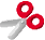 Two static frames of a red and silver scissor icon displayed side-by-side on a gray background, showing slight positional differences between the left and right scissors.