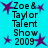 Cyan background with repeated text "Zoe & Taylor Talent Show 2009" and purple star shapes in pixelated style.