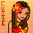 Pixel art buddy icon featuring a cartoon woman with long brown hair, pink flower headband, red dress, and yellow accents on orange background with green text panel.