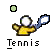 Pixelated icon shows a tennis player in yellow outfit holding blue racket, with green square above and 'Tennis' text below on gray background.
