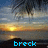 Pixelated sunset scene with orange and yellow sun over water, dark tree silhouette above, blue sky with clouds, and blue text 'breck' at bottom.