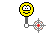Animated contact sheet of a yellow cartoon character with various facial expressions and poses, attached to a gray mechanical arm with red-and-white target-like circles on a gray background.