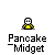 Pixel art character in yellow shirt with multiple poses including raised arms, open arms, and a circular portal effect, all labeled 'Pancake Midget' text below.