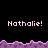 Pixelated text 'Nathalie!' repeated across a black background with purple jagged borders, displayed in multiple