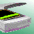 Pixelated image of a jet ski with green and black body, gray seat, purple accents on water splashes, light blue background.