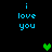 Pixelated blue text 'i love you' on black background with green heart symbols appearing and disappearing in different positions.