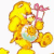 A pixelated Care Bear character with yellow fur and a pink bow holding a gift box, next to green text reading "Original Icons .com" on a dark background.