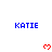 Blue text 'KATIE' repeated three times per above red pixelated hearts on white background, with gray rectangle obscuring bottom-right corner