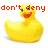 Yellow rubber duck with blue eyes and red beak, positioned in a with pixelated text above it
