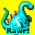 Pixelated turquoise dinosaur with red eyes and white star on chest, standing against bright yellow background with "Rawr!" text below.