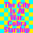 Pixelated text on a yellow and cyan checkered background with visible compression artifacts.