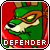 Green cartoon animal head with orange mask and yellow eyes on red background, text "DEFENDER" below.