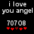 Pixelated text reads 'i love you angel' above '70708' with red heart symbols below, showing animation changes in heart positions.